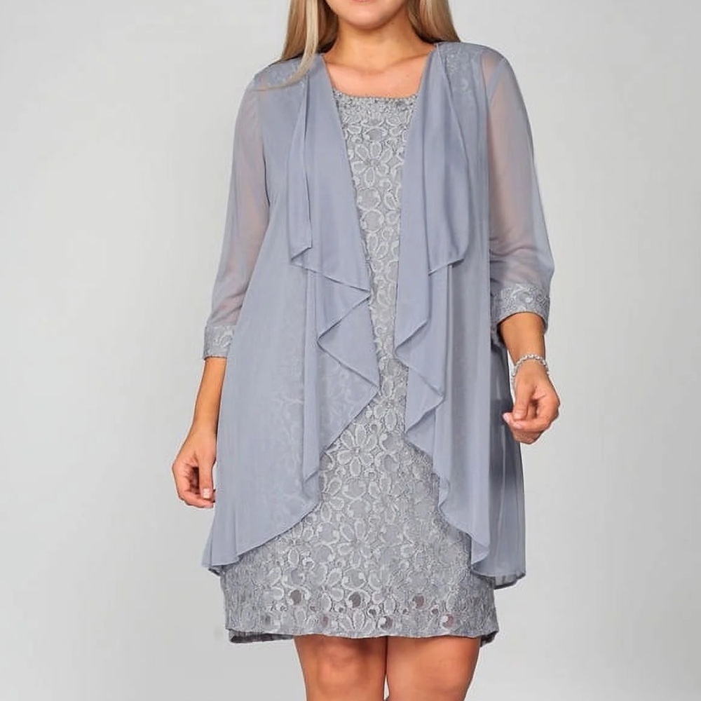 NWT R&M Richards Gray Lace Dress with Sheer Jacket Size 16